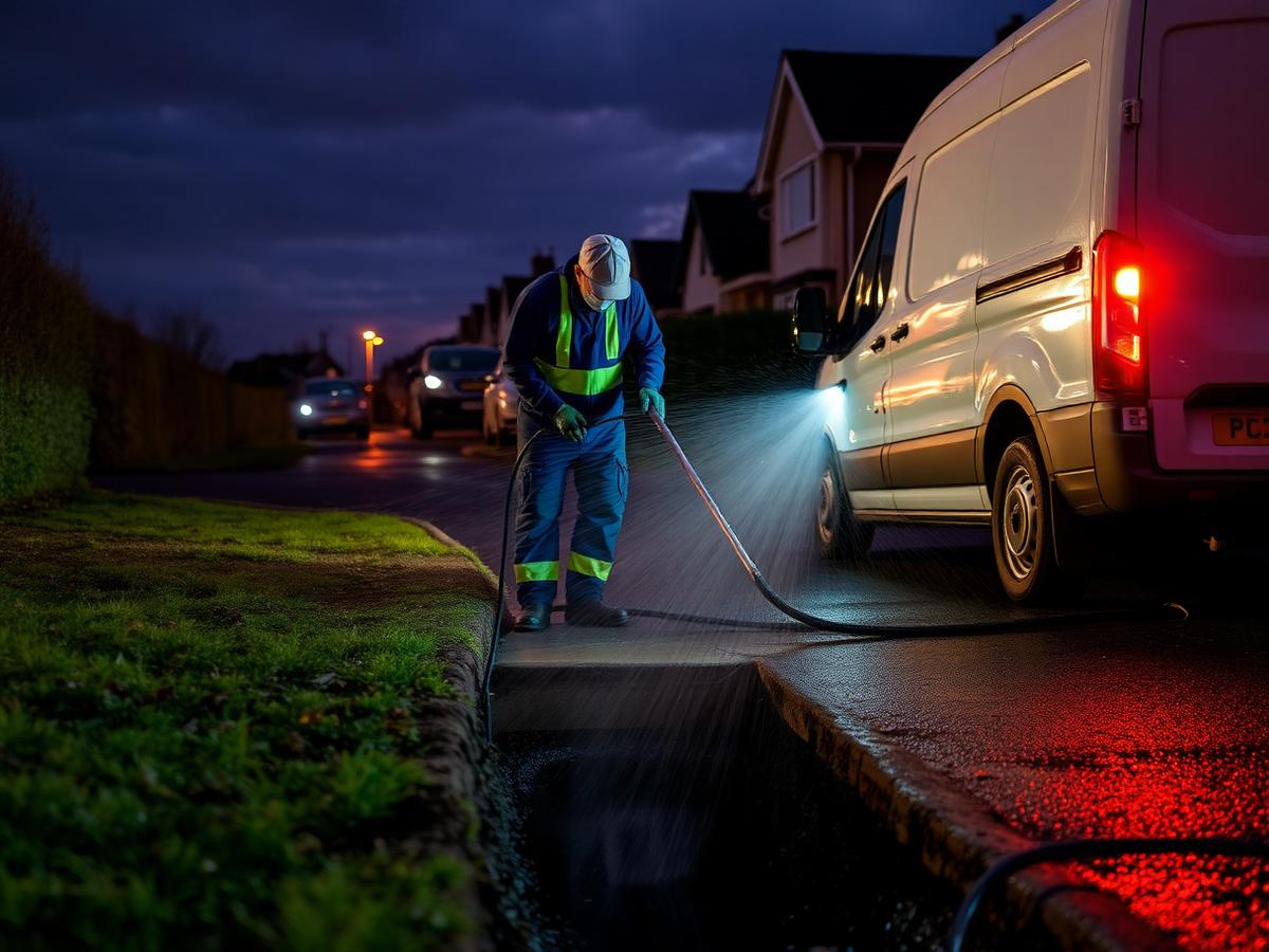 Drainage engineer jetting an outside drain at dusk in Northampton